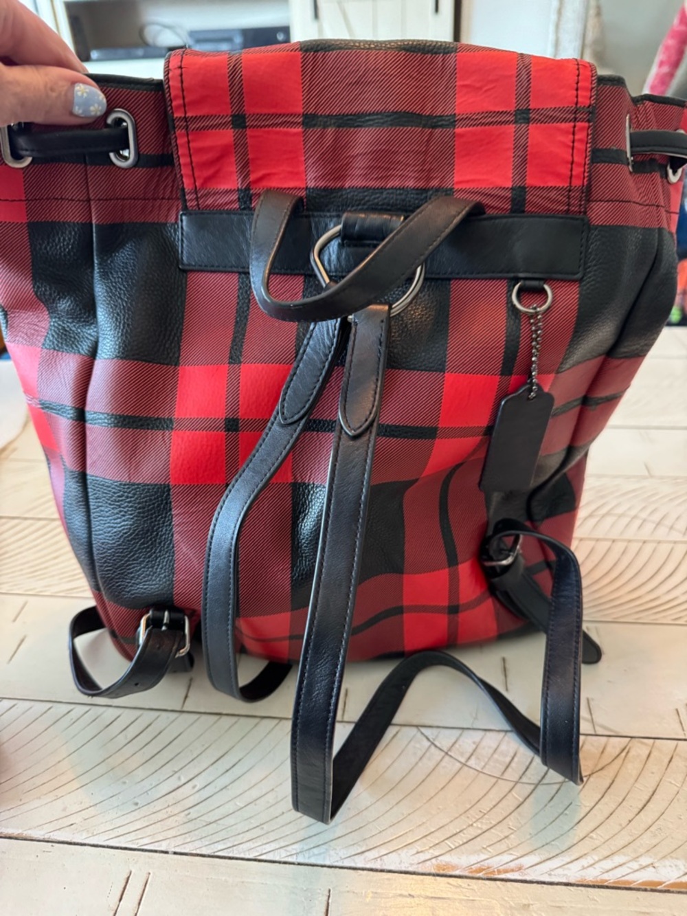 Coach Used Red and Black Plaid Bucket Backpack - Picture 3 of 6